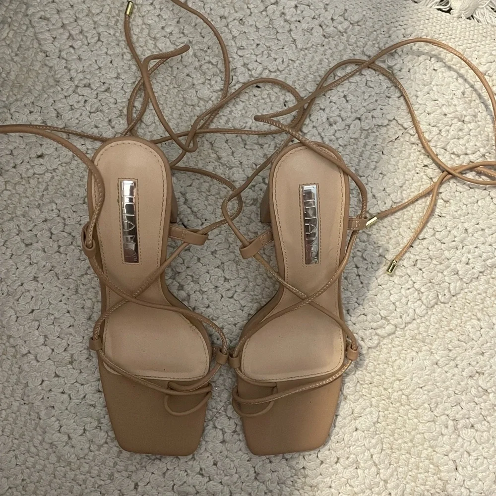 Cream Tan Lace Up Ankle Strap Chunky Heeled Square Toe Sandal
